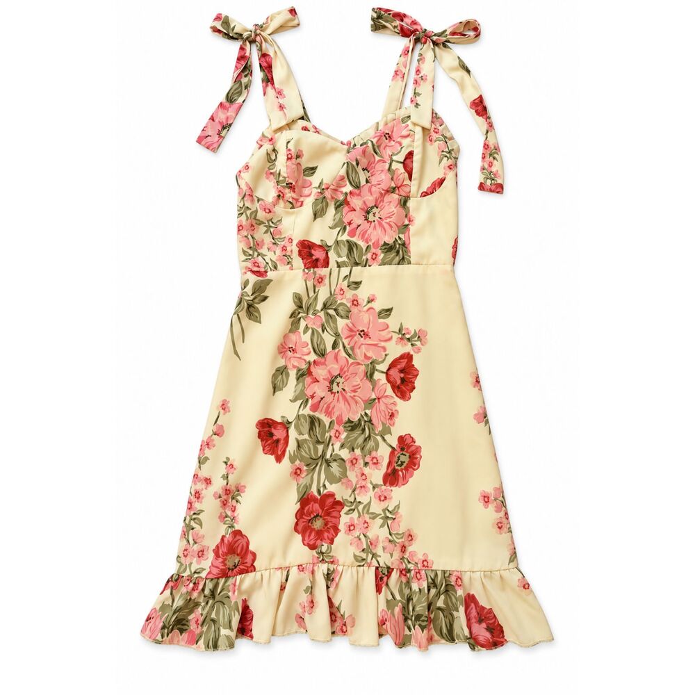 LW Floral Cottagecore Dress Tied Shoulder Straps Womens